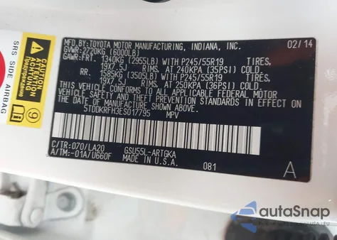 2014 Toyota Highlander Limited V6 from USA, damaged, VIN 5TDDKRFH3ES017795